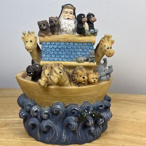 Noahs Ark On Waves Resin Piggy Bank With Stopper Noah & 20 Animals 6”x7"